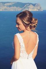 White A-Line V-Neck Chiffon Beach Wedding Dresses with Appliques