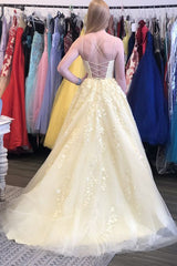 Spaghetti Straps Long Tulle Prom Dresses, Yellow Appliques Graduation Gown