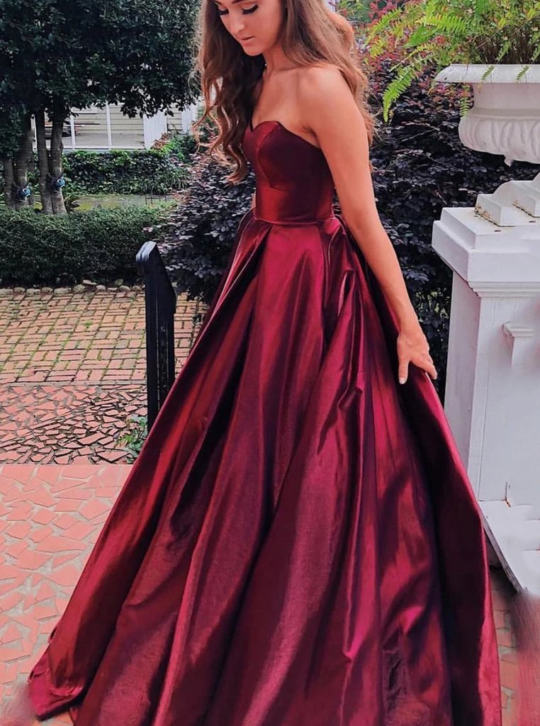 Sweetheart Burgundy Long Prom Dresses, A-Line Pockets Formal Party Dresses