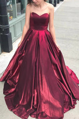 Sweetheart Burgundy Long Prom Dresses, A-Line Pockets Formal Party Dresses