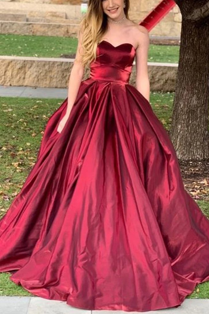 Sweetheart Burgundy Long Prom Dresses, A-Line Pockets Formal Party Dresses