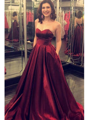 Sweetheart Burgundy Long Prom Dresses, A-Line Pockets Formal Party Dresses