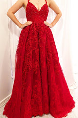 Backless Red Long Prom Dress, V-Neck Appliqued Sleeveless Evening Gown