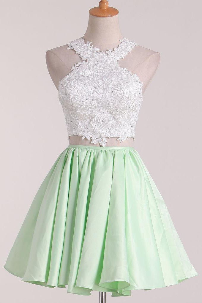 A-Line Satin Lace Applique Two Piece Short Prom Homecoming Dress