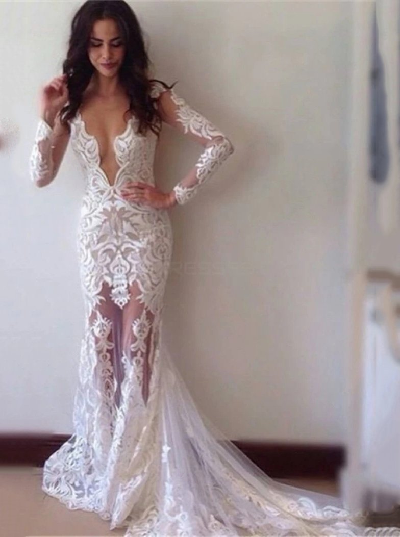 Glamorous V-Neck Lace Applique Long Sleeve Mermaid Wedding Dress