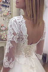 A-Line V-Neck Lace Applique 3/4 Sleeve Tulle Wedding Dress