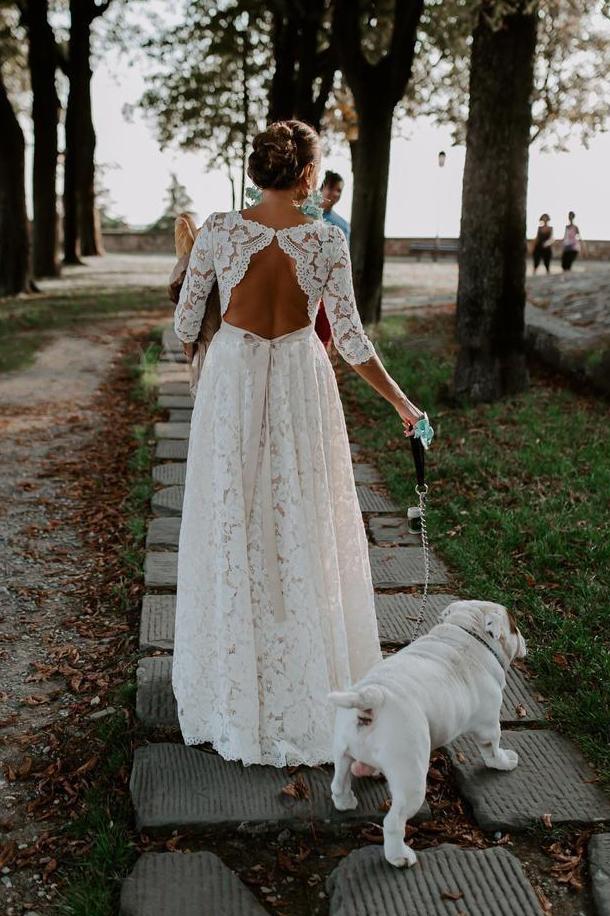 3/4 Sleeve Bohemian Lace Keyhole Beach Wedding Dress