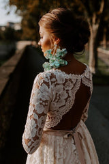 3/4 Sleeve Bohemian Lace Keyhole Beach Wedding Dress