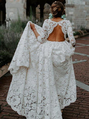 3/4 Sleeve Bohemian Lace Keyhole Beach Wedding Dress