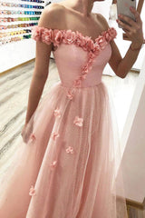 A-Line 3D Appliqué Off-Shoulder Tulle Glitter Long Prom Dresses