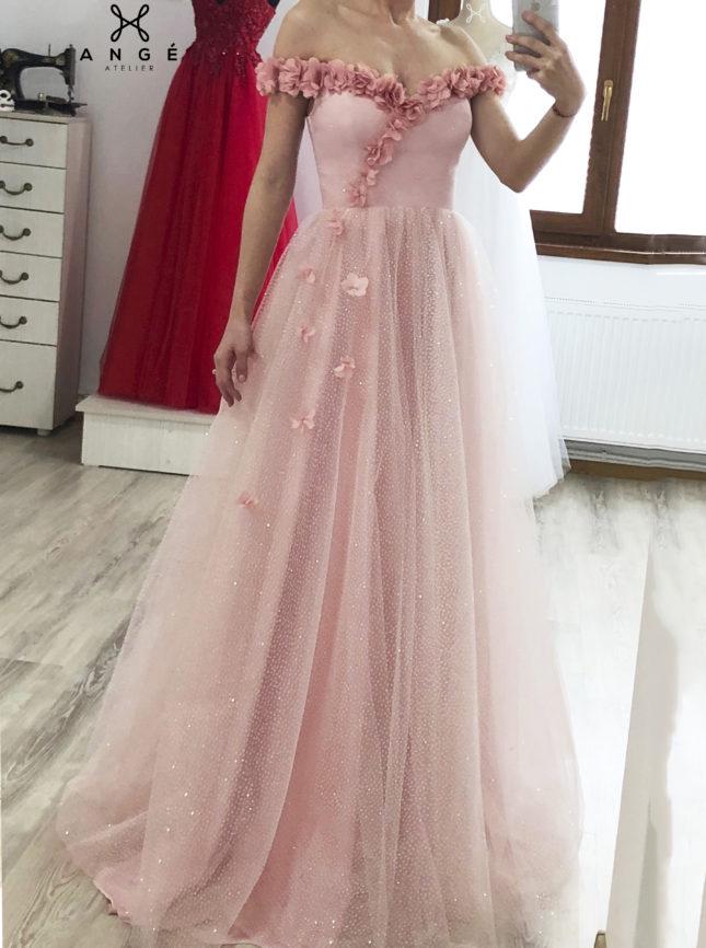 A-Line 3D Appliqué Off-Shoulder Tulle Glitter Long Prom Dresses