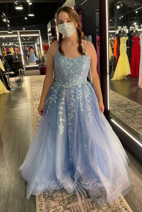 Sparkly Long Prom Dresses with Appliques, Tulle Graduation Party Dresses