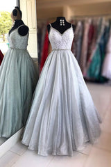 A-Line V-Neck Beaded Long Prom Dresses, Sleeveless Formal Gown