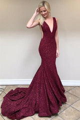 Sparkly Mermaid Burgundy Prom Dresses V-Neck Backless Evening Gown