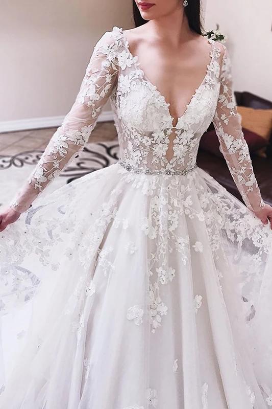 Princess Tulle Long Sleeves Wedding Dresses with Appliques