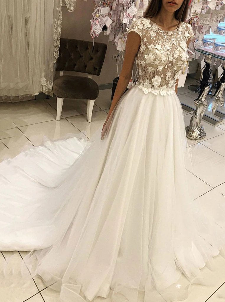 Round Neck Applique Top Long Wedding Dress with Cap Sleeves