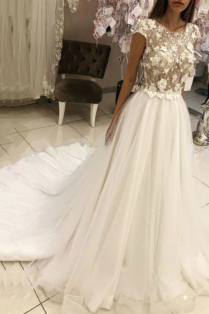 Round Neck Applique Top Long Wedding Dress with Cap Sleeves