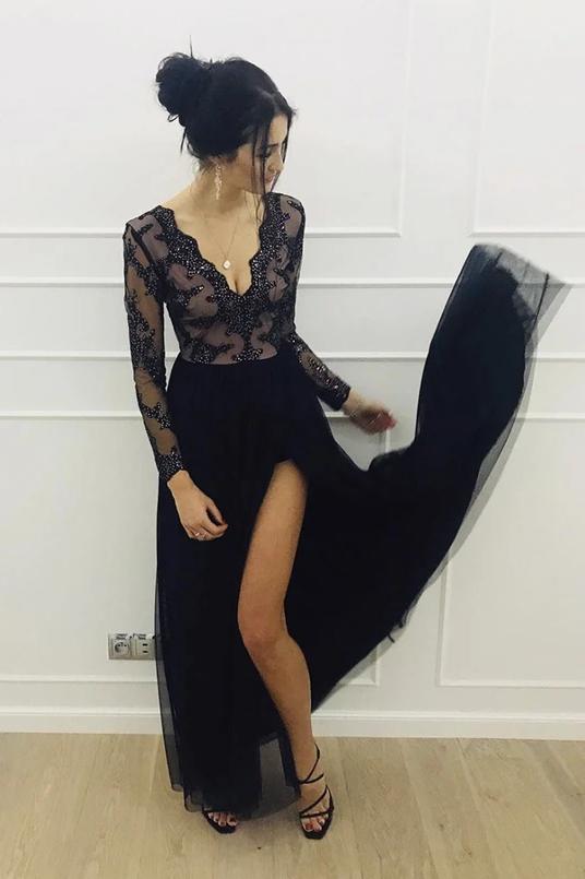 A-Line Lace Long Sleeves Tulle Floor Length Black Prom Dress