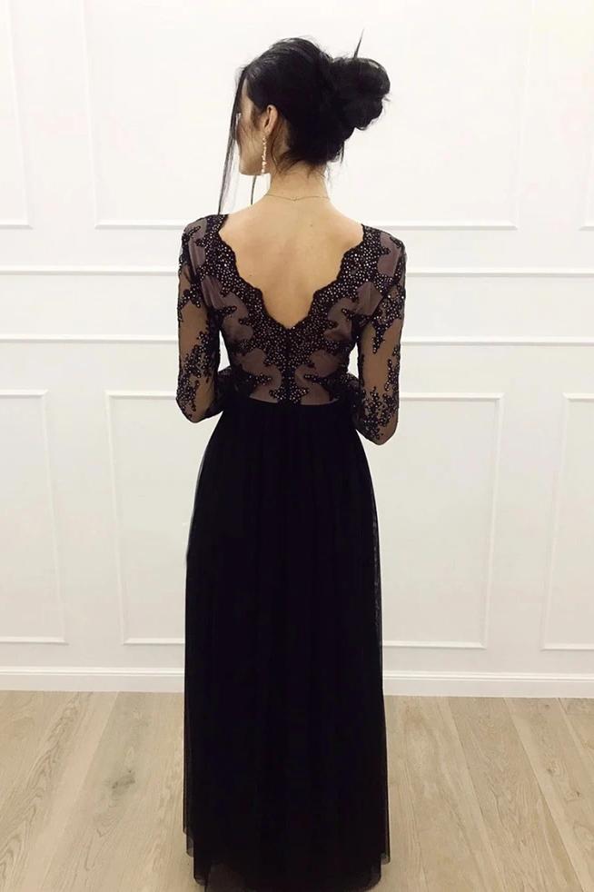 A-Line Lace Long Sleeves Tulle Floor Length Black Prom Dress