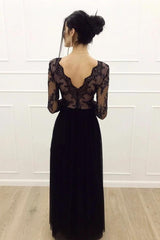 A-Line Lace Long Sleeves Tulle Floor Length Black Prom Dress