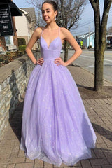 Sparkle Lilac Long Prom Dresses A-Line V-Neck Formal Dress