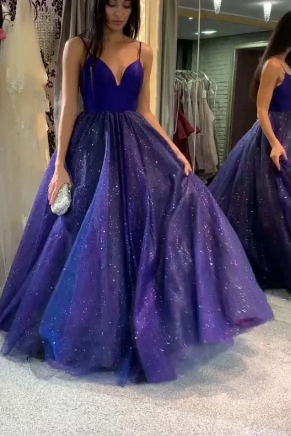 Sparkly Tulle A-Line V-Neck Long Royal Blue Sleeveless Prom Dresses