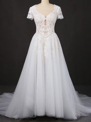 A-Line Short Sleeves Lace Appliques Wedding Dress Keyhole Back Bridal Gown