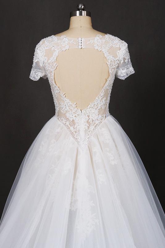 A-Line Short Sleeves Lace Appliques Wedding Dress Keyhole Back Bridal Gown