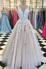 A-Line Tulle Long Backless Prom Wedding Dress with Lace Appliques