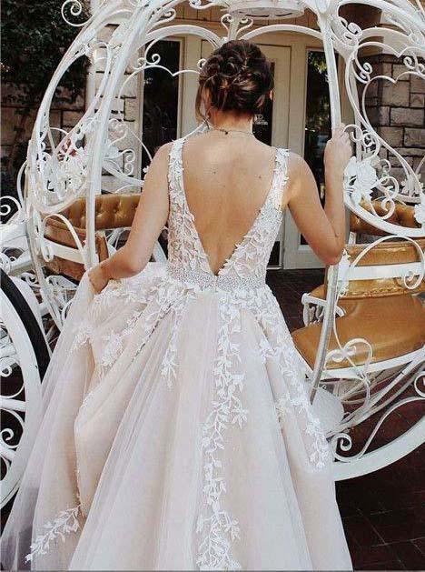 A-Line Tulle Long Backless Prom Wedding Dress with Lace Appliques