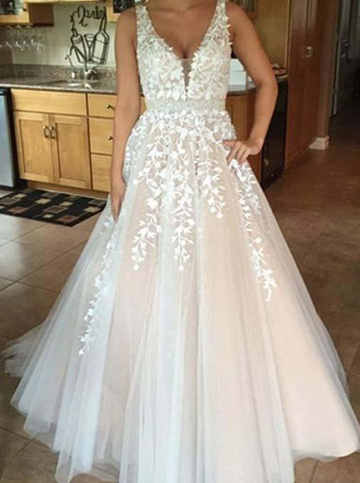 A-Line Tulle Long Backless Prom Wedding Dress with Lace Appliques