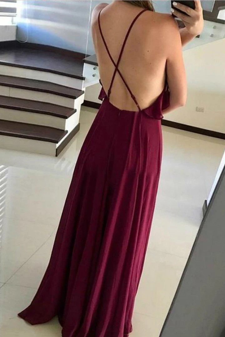 Flounce Neckline Long Backless Prom Dress, Chiffon Burgundy Bridesmaid Dress