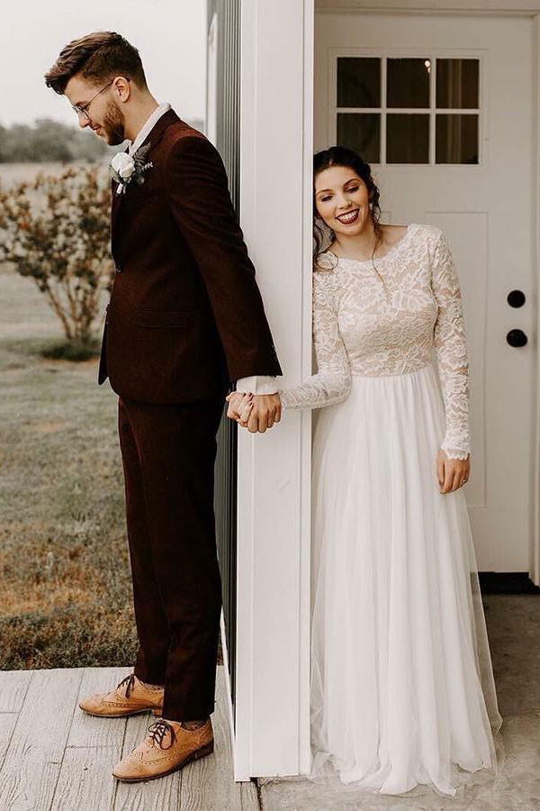 A-Line Round Neck Lace Long Sleeve Chiffon Wedding Dress