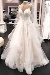 A-Line Tulle Sleeveless V-Neck Beach Lace Wedding Dress