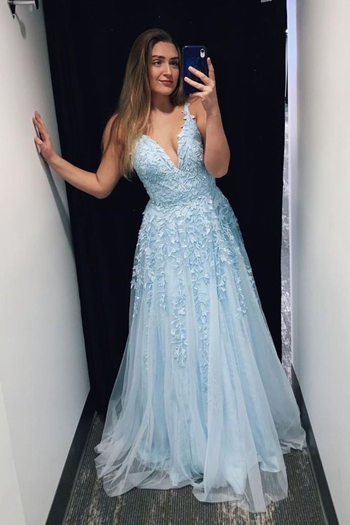 A-Line V-Neck Sleeveless Light Sky Blue Prom Dresses with Applique