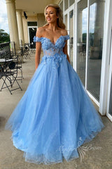 A-Line Blue Tulle Lace Off-Shoulder Long Prom Dress