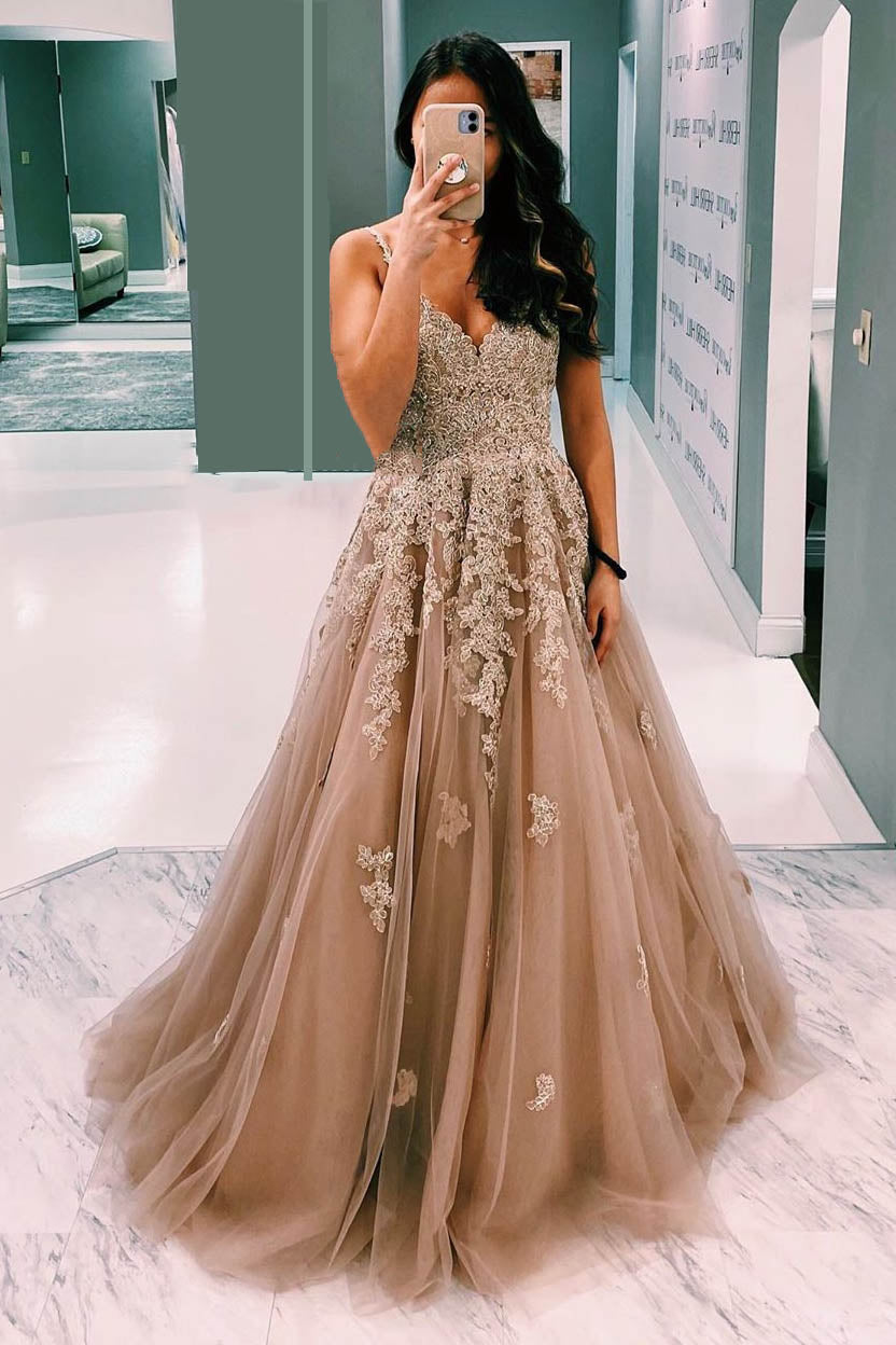 A-Line Champagne Prom Dress with Lace Appliques, Elegant Long Formal Gown