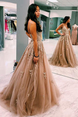 A-Line Champagne Prom Dress with Lace Appliques, Elegant Long Formal Gown