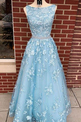 A-Line Sky Blue Sleeveless Long Prom Graduation Dress