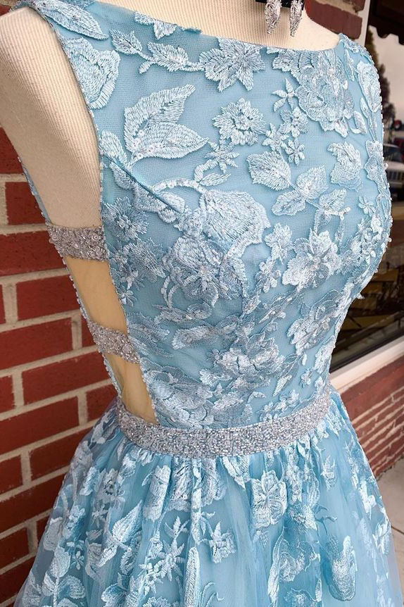 A-Line Sky Blue Sleeveless Long Prom Graduation Dress