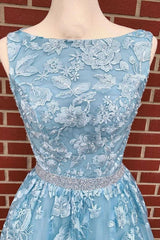 A-Line Sky Blue Sleeveless Long Prom Graduation Dress