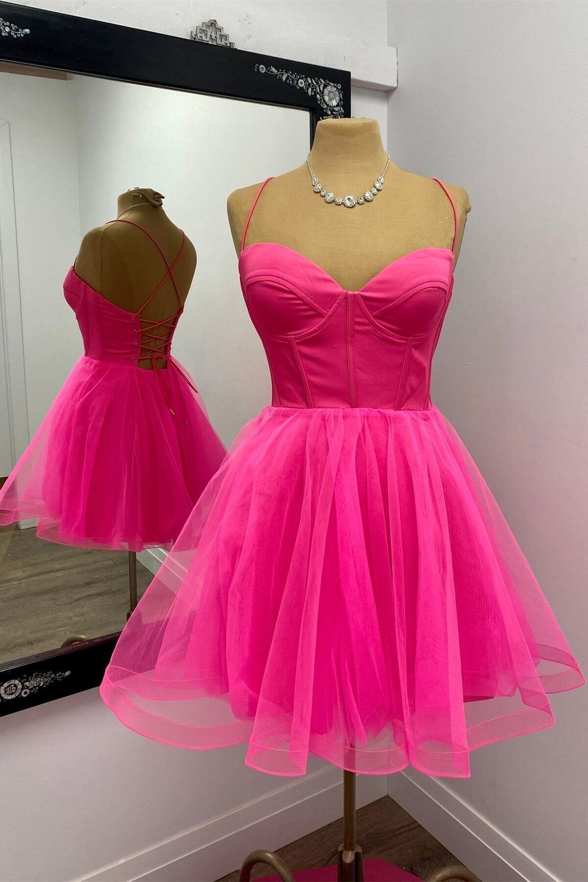 A-Line Hot Pink Corset Tulle Homecoming Dress, Sweetheart Short Prom Dress