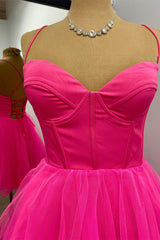 A-Line Hot Pink Corset Tulle Homecoming Dress, Sweetheart Short Prom Dress