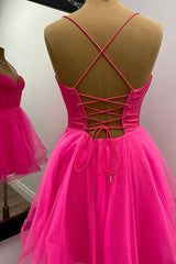 A-Line Hot Pink Corset Tulle Homecoming Dress, Sweetheart Short Prom Dress