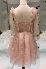 A-Line Pink Starry Tulle Short Prom Dresses, Tie Straps Homecoming Dresses