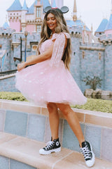 A-Line Pink Starry Tulle Short Prom Dresses, Tie Straps Homecoming Dresses