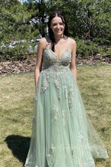 A-Line Sleeveless Applique Green Long Prom Dress with Slit