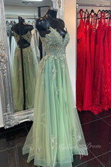 A-Line Sleeveless Applique Green Long Prom Dress with Slit