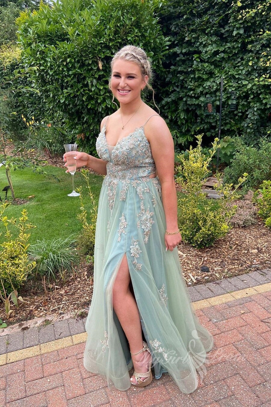 A-Line Sleeveless Applique Green Long Prom Dress with Slit