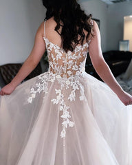 A-Line Sleeveless Tulle Beach Wedding Dress with Lace Appliques